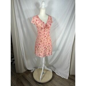 Pink Floral Tie Front V-Neck Cap Sleeve Mini Dress Summer Sun Dress Small